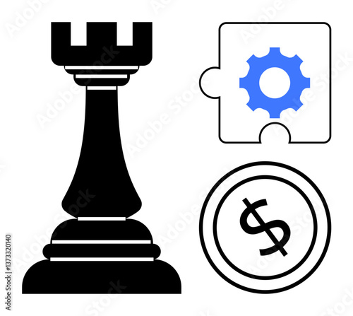 Chess rook, blue gear inside puzzle piece, and dollar coin highlight strategy, problem-solving, innovation, finance, decision-making, leadership and success planning. Ideal for team strategy