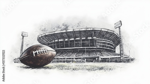 A weathered American football rests on the field before a majestic stadium ready for the big game.