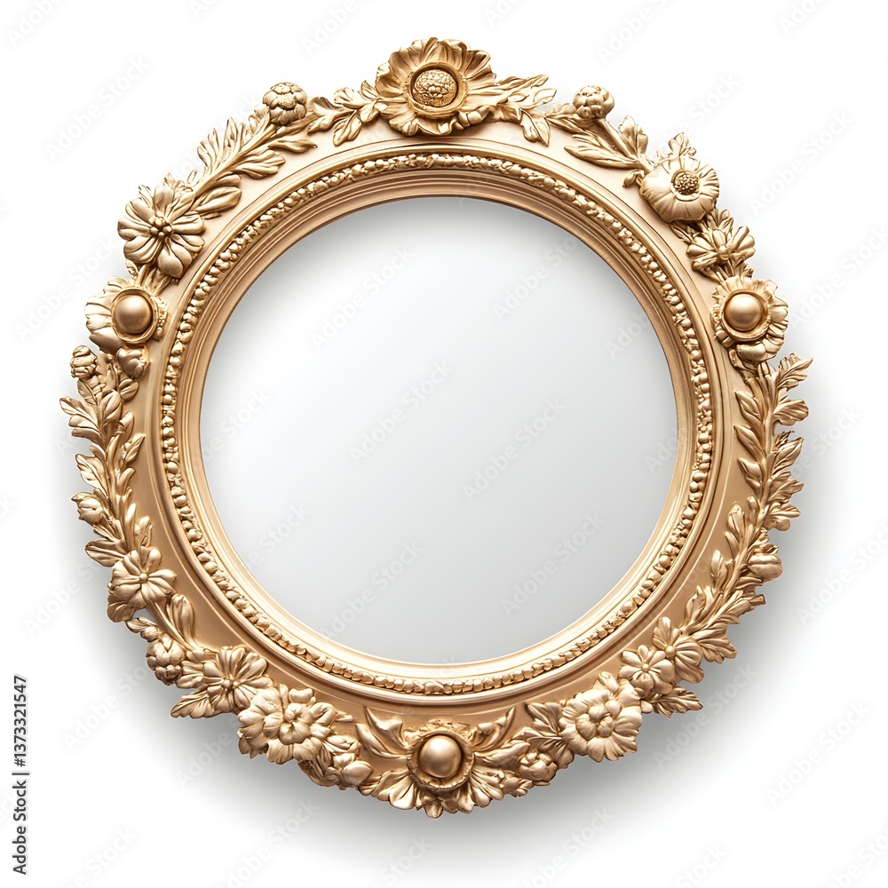 A luxurious gold ornate round mirror frame with floral detailing sits against a clean white background perfect for design projects. A luxurious gold ornate round mirror frame with floral detailing sits against a clean white background perfect for design projects.