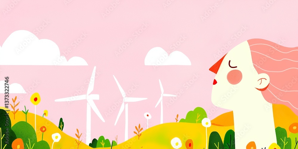 Naklejka premium A serene cartoon woman finds peace amidst wind turbines, symbolizing sustainability and harmony.
