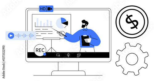 Businessman presenting financial data via live video conference on a monitor. Includes audio recording, charts, gear, and dollar signs. Ideal for online learning, webinars, remote work, business