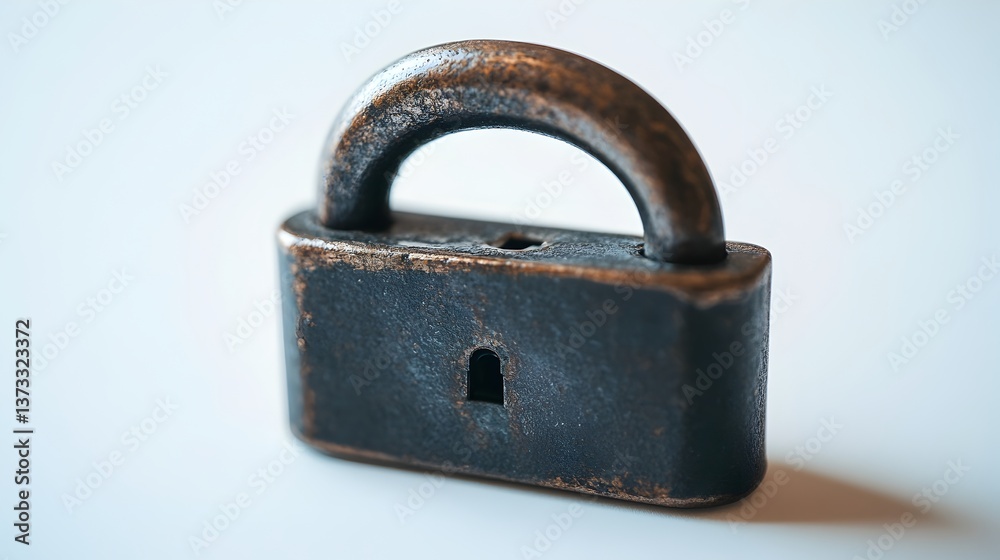 A weathered antique padlock rests on a plain white background showcasing its aged bronze and dark metal finish. A weathered antique padlock rests on a plain white background showcasing its aged bronze and dark metal finish.