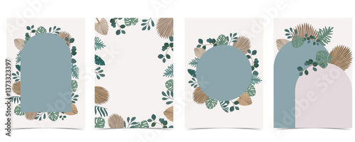 Boho arch template background with paper palm leaves and balloons