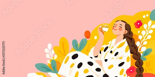A woman enjoying tea and a moment of peace within a vibrant botanical setting.