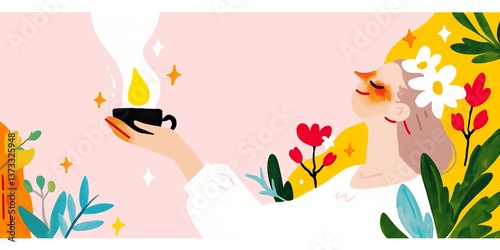 A woman, eyes closed in tranquility, savors the aroma of her morning coffee, surrounded by vibrant flowers in a captivating digital illustration.
