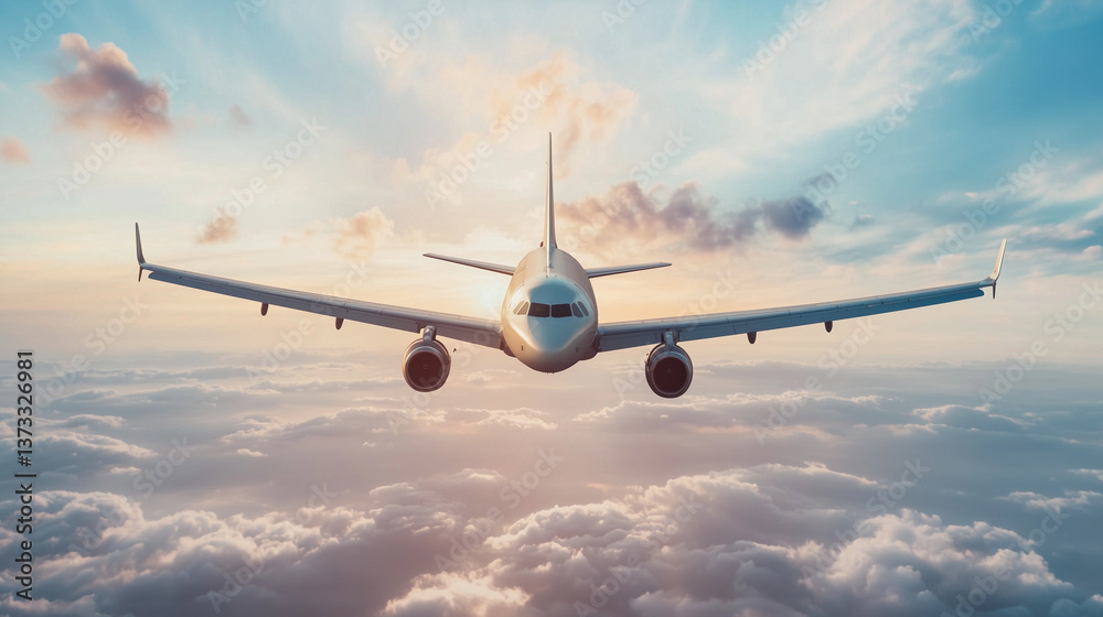 Obraz premium 夕焼けの空を背景に飛行機が離陸・着陸する空港の風景空を飛ぶ旅客機