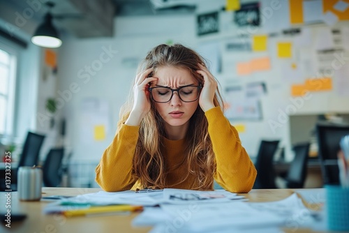 A frustrated young woman with glasses looks over paperwork at her desk in a modern office, struggling to comprehend complex documents