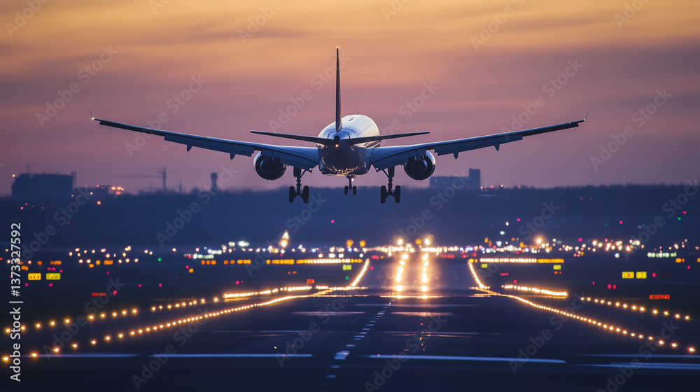 夕焼けの空を背景に飛行機が離陸・着陸する空港の風景空を飛ぶ旅客機 夕焼けの空を背景に飛行機が離陸・着陸する空港の風景空を飛ぶ旅客機
