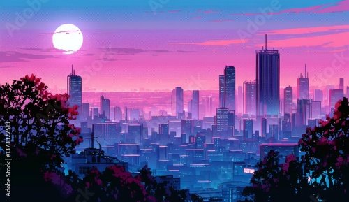Vibrant Cyber Cityscape with Purple Sky at Dusk in Pixel Art Style, Evoking Nostalgia and Futuristic Aesthetics