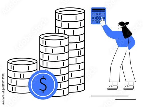 Woman, stack of coins, and handheld calculator representing finance management, budgeting, and savings. Ideal for banking, investment, economy accounting profit growth and planning. Flat simple