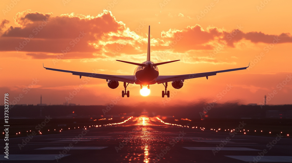 夕焼けの空を背景に飛行機が離陸・着陸する空港の風景空を飛ぶ旅客機 夕焼けの空を背景に飛行機が離陸・着陸する空港の風景空を飛ぶ旅客機