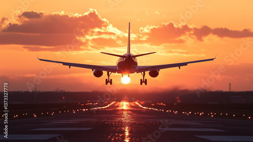 夕焼けの空を背景に飛行機が離陸・着陸する空港の風景空を飛ぶ旅客機