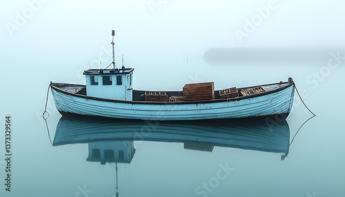 Misty Harbor with Fishing Boat at Dawn.