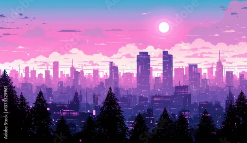 Stunning Cyberpunk Cityscape Illustration with Vibrant Purple Sky and Nostalgic Pixel Art Design, Capturing a Dreamy Urban Atmosphere