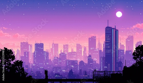 Vibrant Cyberpunk Cityscape at Dusk with Purple Sky and Pixel Art Aesthetic for Retro Nostalgia Lovers
