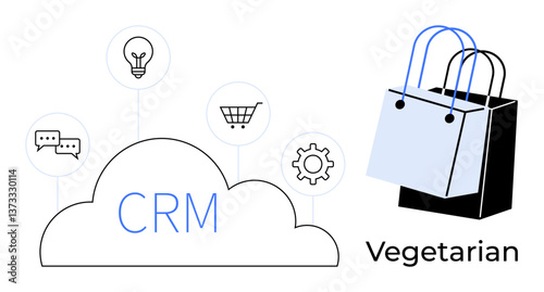 CRM cloud connected to icons representing communication, ideas, shopping, and settings. Shopping bags and Vegetarian text suggest eco-friendly retail. Ideal for e-commerce, communication, innovation