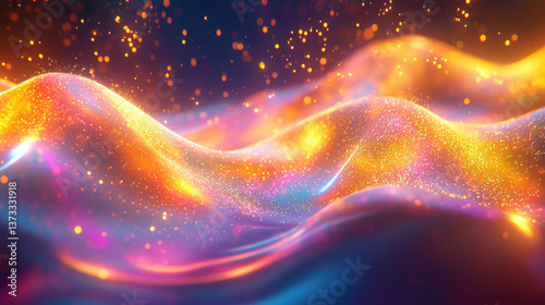 Abstract digital artwork featuring flowing waves of vibrant colors and sparkling particles, creating mesmerizing visual experience