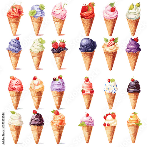 Colorful ice cream cones in a variety of fruity and creamy flavors with toppings like berries and mint, perfect for dessert menus, summer treats, and sweet food illustrations.

