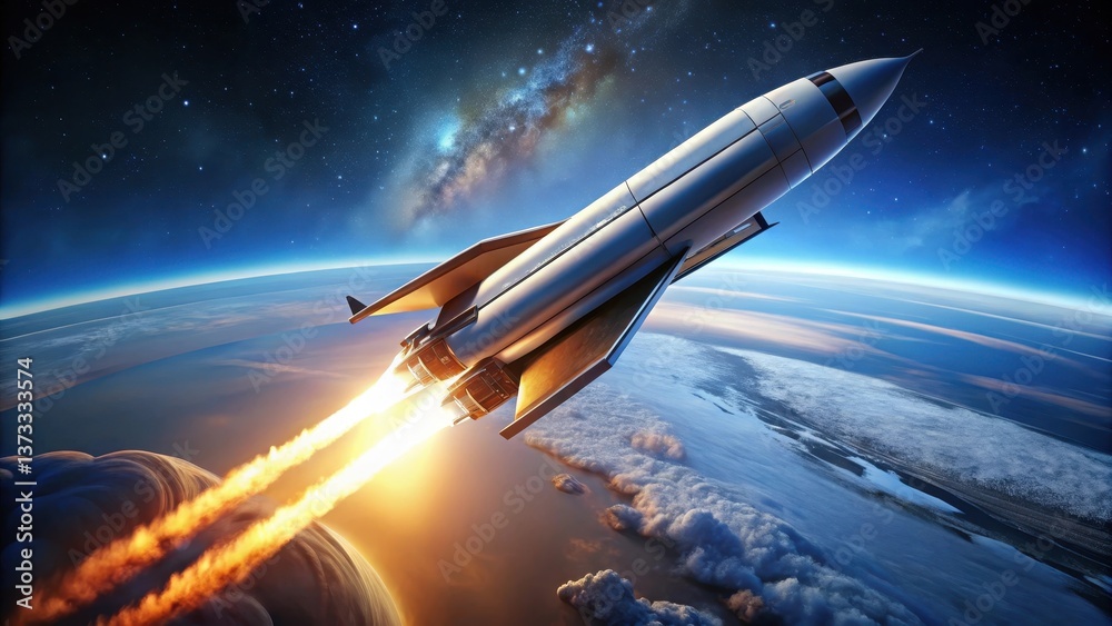 A sleek spaceship ascends through the atmosphere, leaving a fiery trail against the backdrop of a vibrant, starlit sky and a stunning planet. A sleek spaceship ascends through the atmosphere, leaving a fiery trail against the backdrop of a vibrant, starlit sky and a stunning planet.