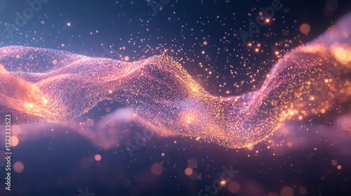 Abstract digital artwork featuring flowing waves of shimmering particles in vibrant hues, creating mesmerizing visual experience