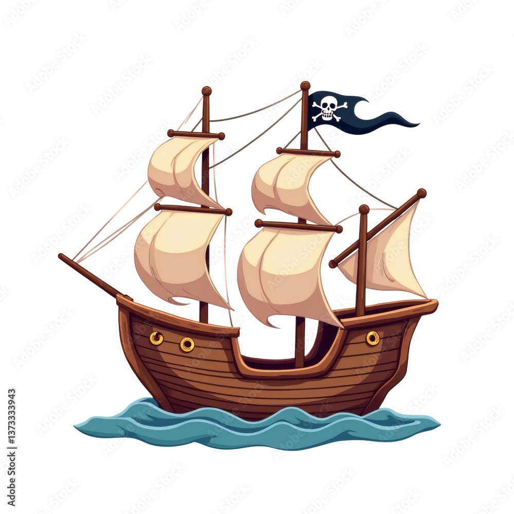 Naklejka premium simple cartoon pirate ship adventure vector illustration transparent background isolated