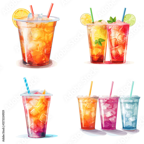 Colorful iced drinks in plastic cups with fruit slices and straws, perfect for refreshing summer beverages, party menus, and vibrant tropical-themed food and drink illustrations