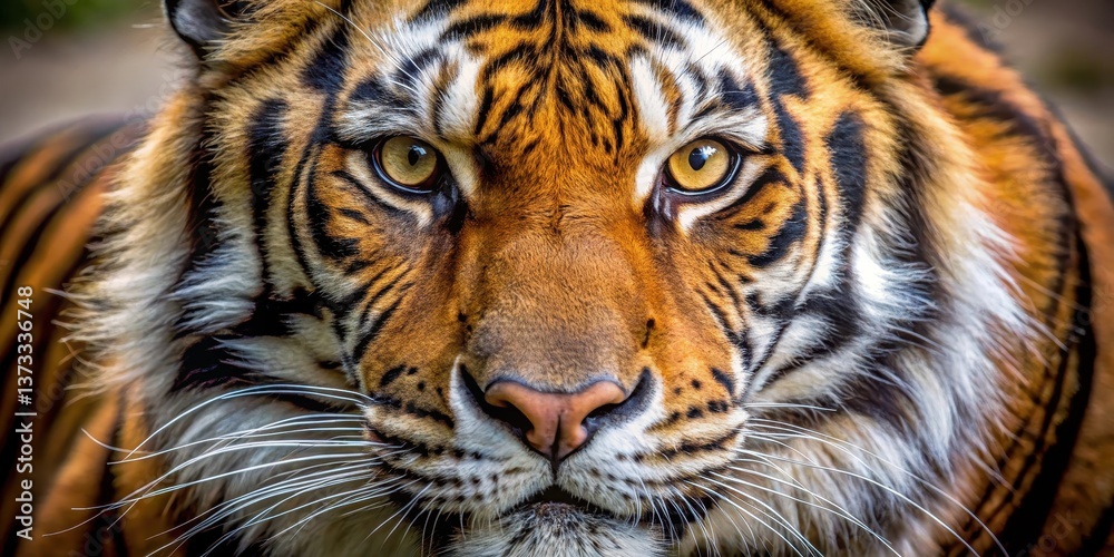 Fototapeta premium A majestic tiger's face is framed in sharp focus, revealing piercing golden eyes and a rugged jawline, with whiskers twitching as if sensing prey , wildlife close-up, natural habitat