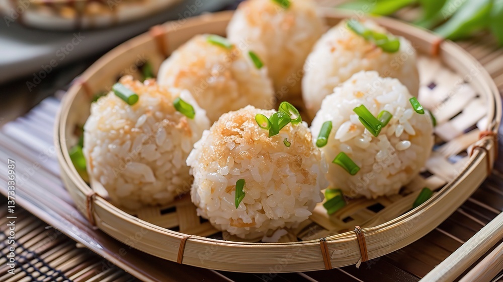 An appetizing plate of chicken rice balls is presented. The chicken rice balls are made from fragrant, well-cooked rice that has absorbed the flavors of tender poached chicken. Each ball is neatly for An appetizing plate of chicken rice balls is presented. The chicken rice balls are made from fragrant, well-cooked rice that has absorbed the flavors of tender poached chicken. Each ball is neatly for
