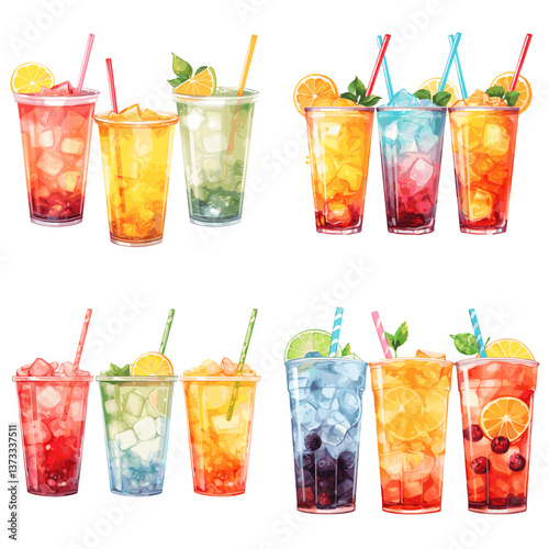 Bright and colorful iced drinks with citrus fruits, berries, and mint in tall glasses, ideal for summer refreshment, tropical parties, beverage menus, and fun food visuals