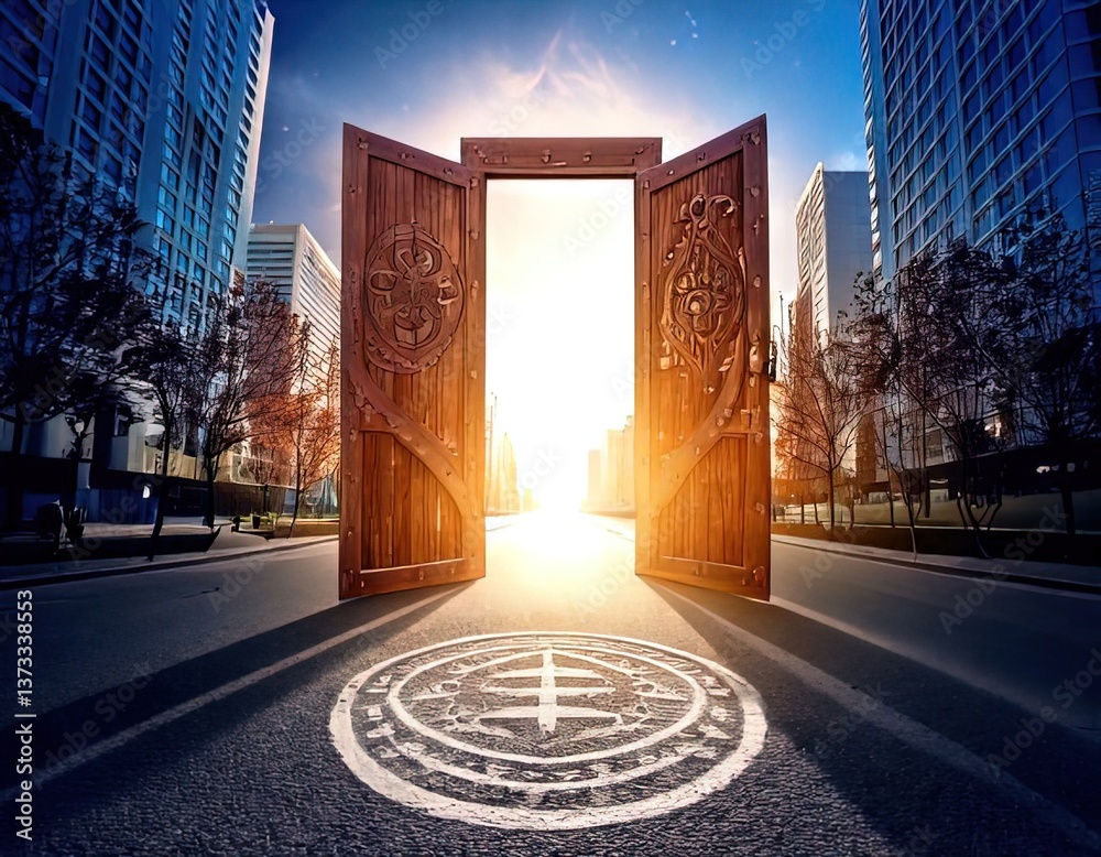 Fototapeta premium una puerta abierta antigua tallada con símbolos de madera en medio de un camino en la ciudad, a traves de la puerta se ve un universo luminoso