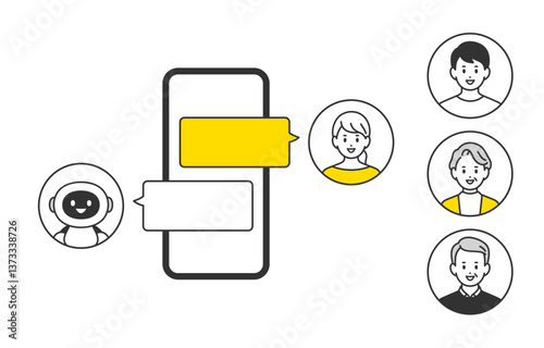スマホでAIとチャットする若い女性（差し替え用のアイコンセット）【人物ベクターイラスト素材】