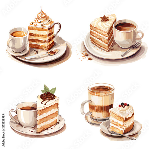 Tasty coffee and cake set featuring layered slices with cream and garnish, served with hot drinks in elegant cups, perfect for dessert time or cozy café moments.