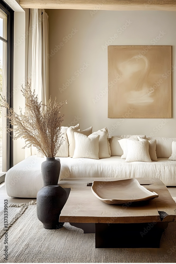 Boho, japandi home interior design of modern living room with light tones, centered on natural materials, and featuring soft, neutral decor accents.