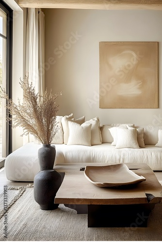Boho, japandi home interior design of modern living room with light tones, centered on natural materials, and featuring soft, neutral decor accents.

