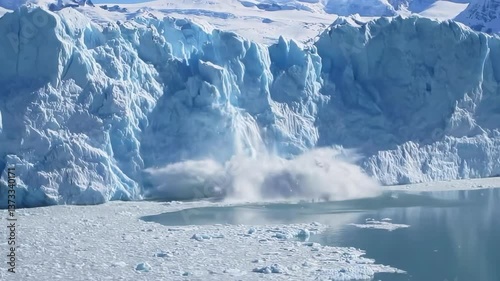 Close-up of a glacier melting and collapsing into the sea, a result of climate change.