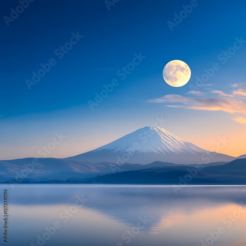Mt Fuji Moonrise with Lake Reflection.