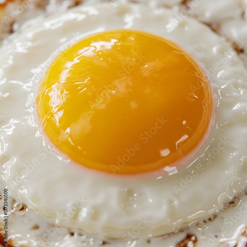sunny-side up,  close-up of a perfectly fried egg, showing the texture of the white and the glistening yolk, Fried egg on white dish close up, 