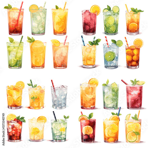 Collection of colorful summer drinks with fruits, ice, and straws in tall glasses, isolated on white background. Perfect for beverage ads, juice bars, menus, and refreshing drink designs.

