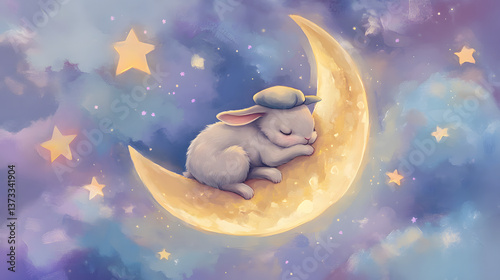 Sleepy bunny with a tiny nightcap resting on a crescent moon