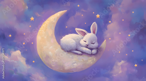Sleepy bunny with a tiny nightcap resting on a crescent moon