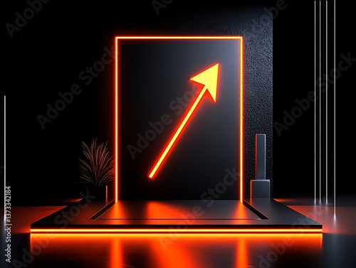 Neon arrow with dark studio scene.
