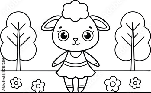 Cute Sheep Cartoon Outline with Dress in a Garden with Transparent Background
