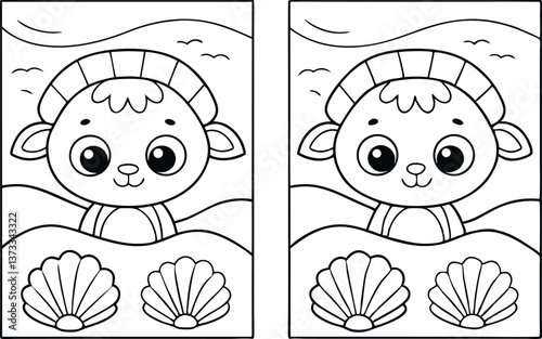 Summer coloring page, Cute lamb cartoon with seashell frame, outline on white