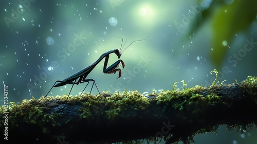 Praying mantis in a serene rainforest environment amidst gentle rainfall