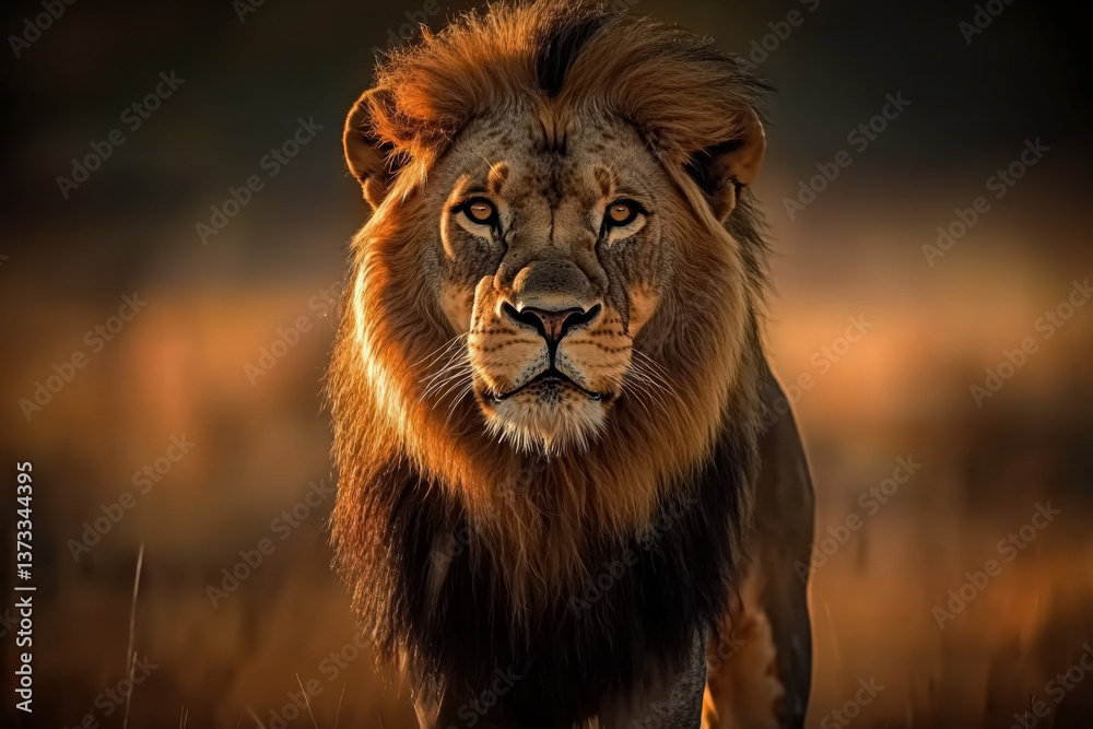 Naklejka premium Behold resplendent magnificence of a lion traversing vast expanse of African savanna, its regal gait resonating with power, as golden grasses sway .