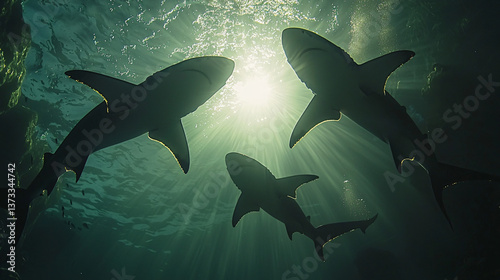 A group of powerful sharks swimming together in the deep ocean water silhouette against the ambient light creating a dramatic scene.
