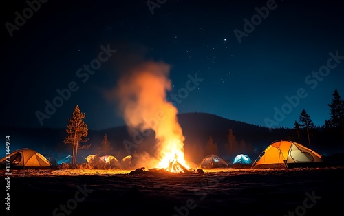 Night Camping Bonfire with Starry Sky.