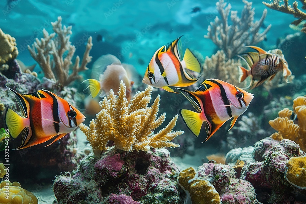 realistics fish gracefully dance among coral, displaying their vivid hues, graceful motions, and symbiotic relationship they share with their coral habitats realistics fish gracefully dance among coral, displaying their vivid hues, graceful motions, and symbiotic relationship they share with their coral habitats