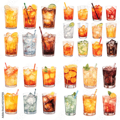 Collection of assorted iced drinks in clear glasses with fruit, mint, and straws, isolated on white background. Perfect for beverage ads, cocktail menus, and summer-themed designs.

