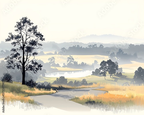 Misty Country Road with Rolling Hills.